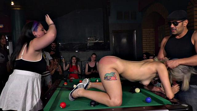 Pathetic babe used in public humiliation group sex