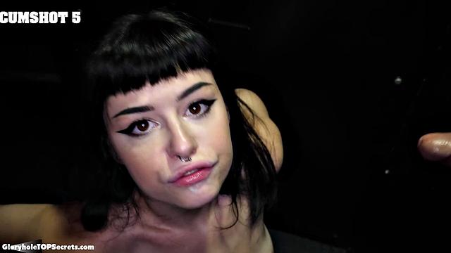 Nova on her knees gulping down glory hole loads