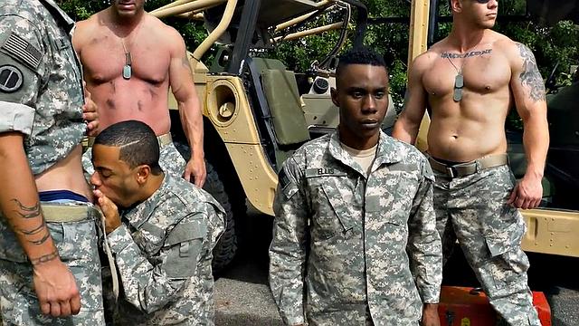 Black military bottom fucked in the shower in front of army voyeurs.