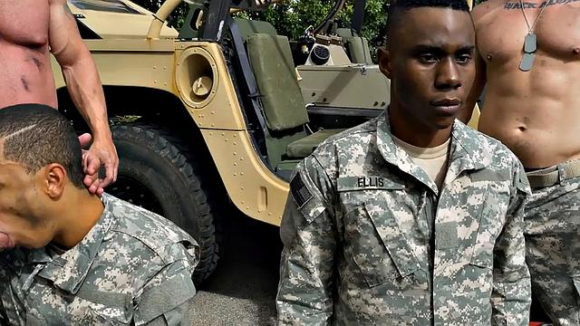 Black military bottom fucked in the shower in front of army voyeurs.