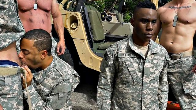 Black military bottom fucked in the shower in front of army voyeurs.