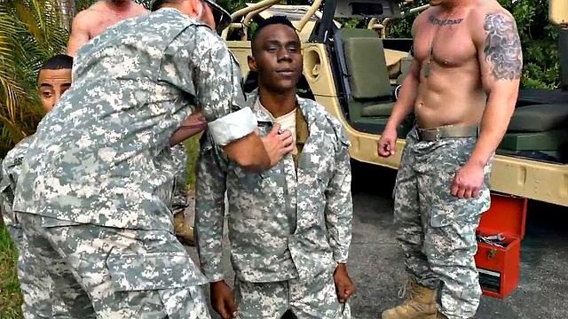 Black military bottom fucked in the shower in front of army voyeurs.