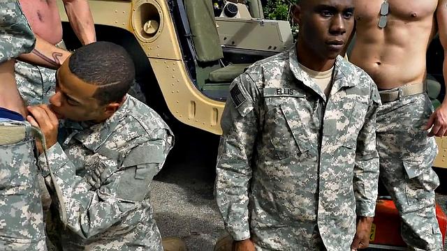 Black military bottom fucked in the shower in front of army voyeurs.