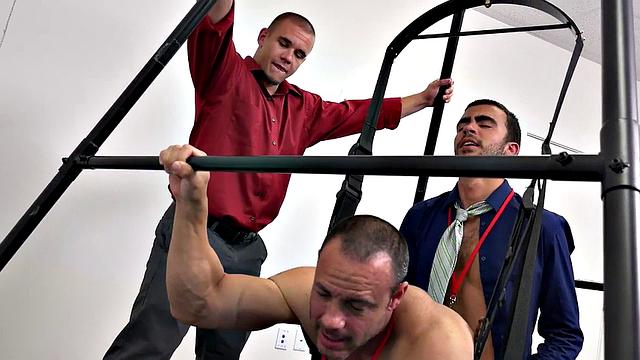 Watch as boss commands workers in wild anal sex with business suit attire