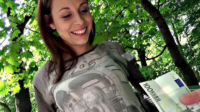 Cash-hungry brunette Sucks Dick & Fucks Bareback In Stockings