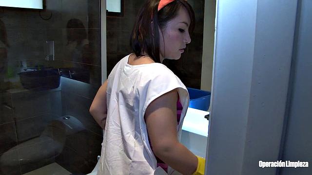 Bathroom fuck and cum on Latina maid's ass