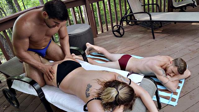 Bisex oiled cocksucking babe fucked outdoors in threesome