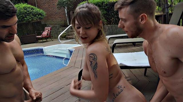 Bisex oiled cocksucking babe fucked outdoors in threesome