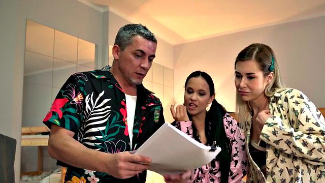 Two horny teen babes go wild in a wild 3some in a hostel