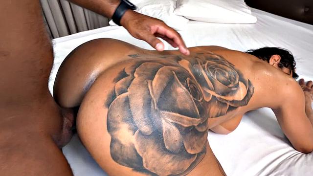 Big Brazilian Shemale bareback fucked in inked oiled butt