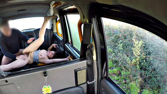 French chick with hairy pussy gets her tight pussy drilled in the cab