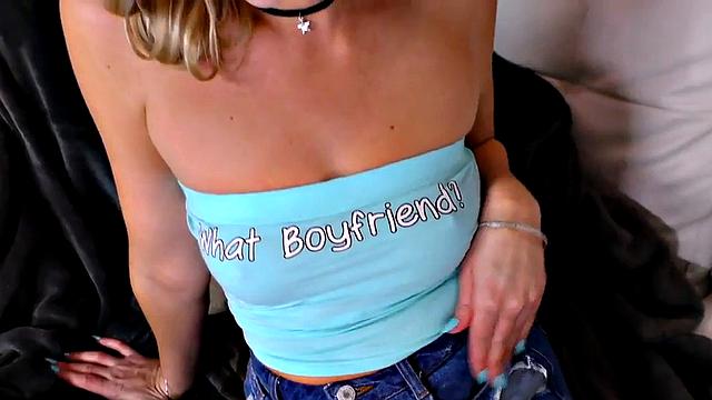 Medium-boobs babe jerks oiled POV while talking dirty