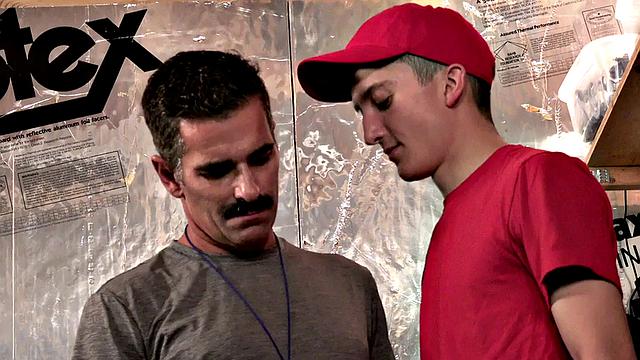 Daddy barebacked by slim twink in stockroom after BJ