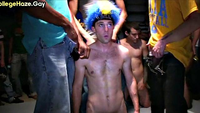 Fraternity newbie fucked in voyeuristic orgy for audience