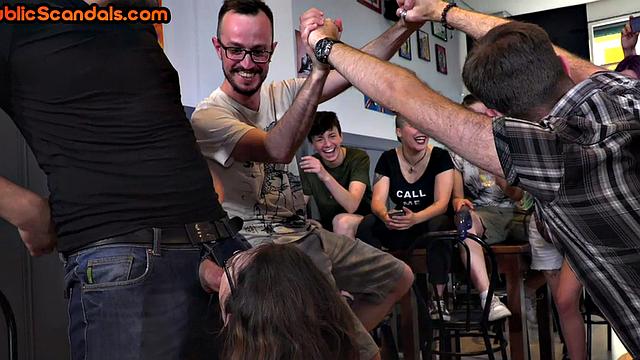 Public BDSM babe whipped and throatfucked in front of voyeurs