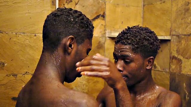 African twink barebacked by BF after shower kissing,