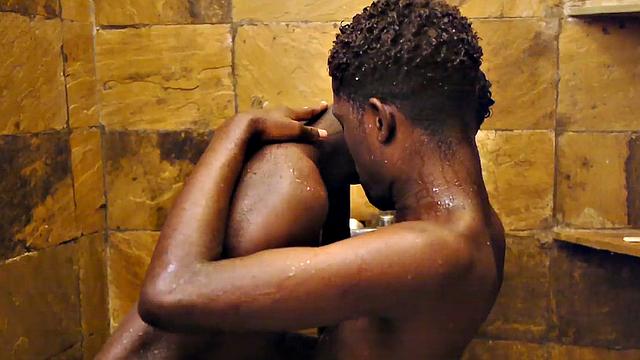 African twink barebacked by BF after shower kissing,
