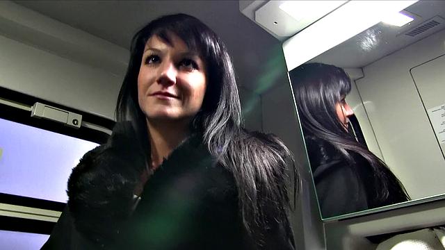 Raven-Haired Hottie Gets A Hot Cumshot On A Speeding Train