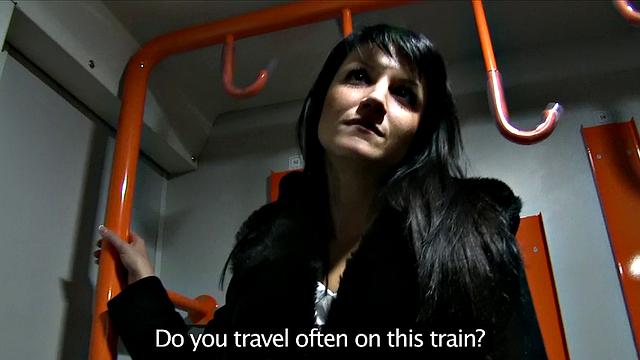 Raven-Haired Hottie Gets A Hot Cumshot On A Speeding Train