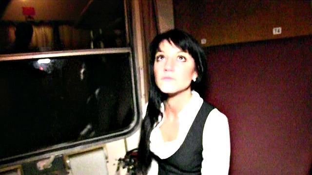 Raven-Haired Hottie Gets A Hot Cumshot On A Speeding Train