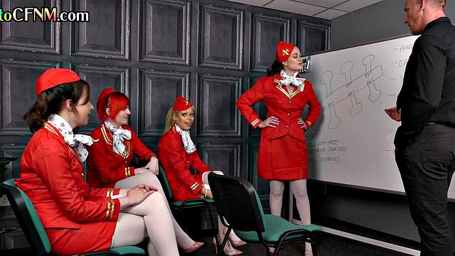 CFNM flight attendants tugging supervisor