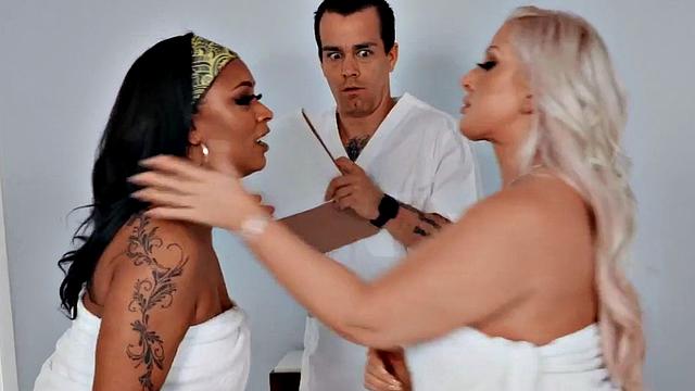 Nympho ebony MILF sharing cock with slut in 3some