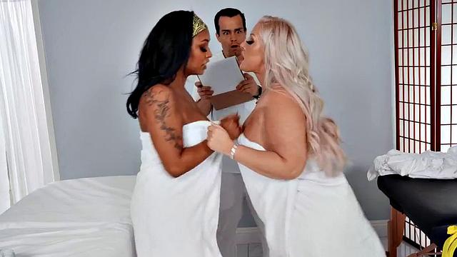 Nympho ebony MILF sharing cock with slut in 3some