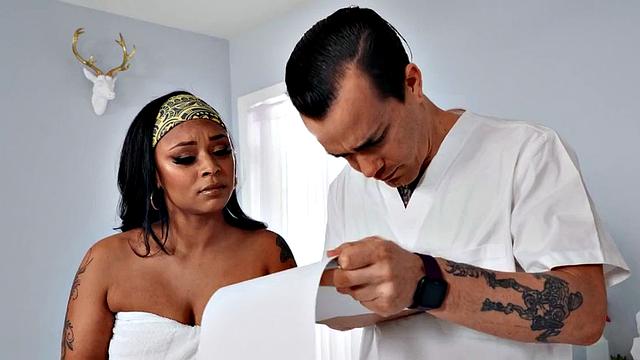 Nympho ebony MILF sharing cock with slut in 3some