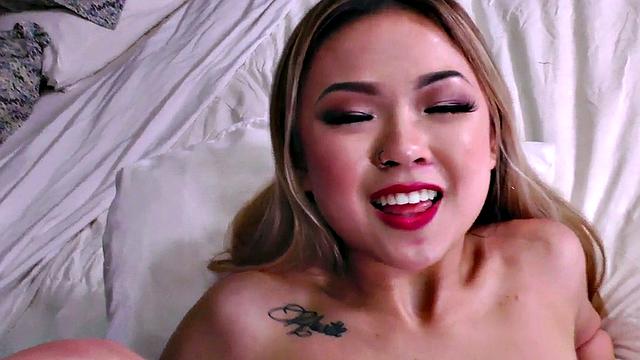 Petite asian pov babe toying pussy before riding cock