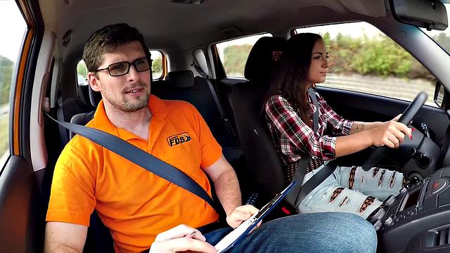 Watch this pierced brunette bangs her driving tutor in pantyhose & glasses