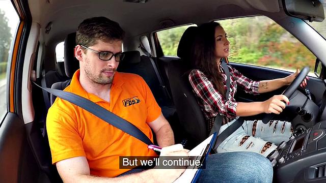 Watch this pierced brunette bangs her driving tutor in pantyhose & glasses