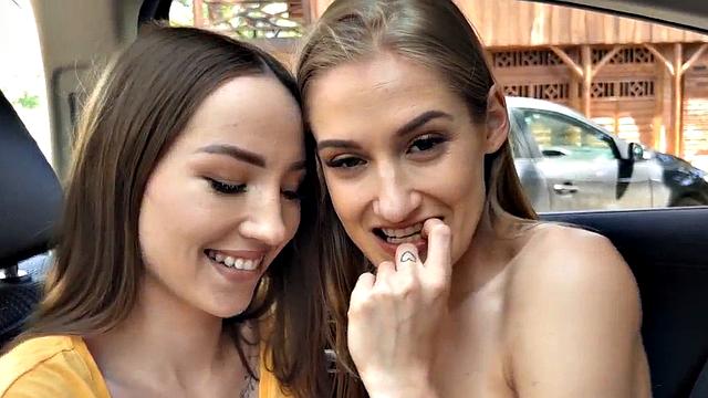 Skinny babes in car kissing and cuddling in front of voyeur