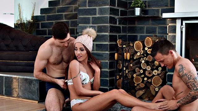 Bisex skinny babe fucked in winter by fireplace