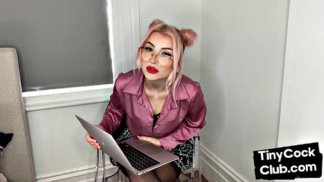 Classy Femdom mocking and laughing at small cock club pictures