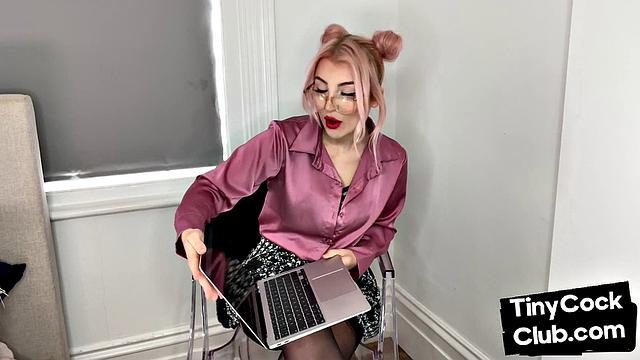 Classy Femdom mocking and laughing at small cock club pictures