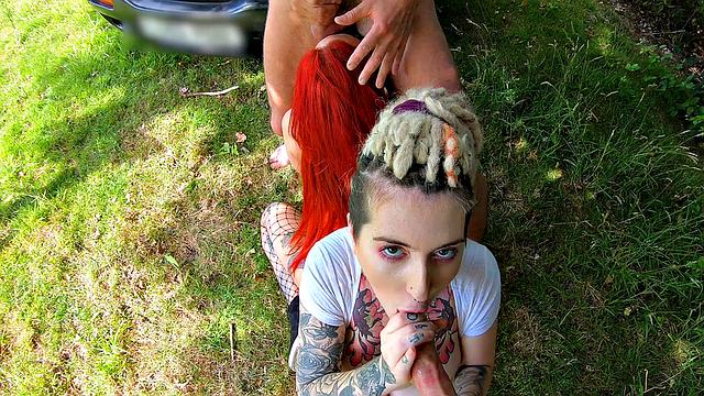 Blonde bombshells take turns getting their tight assholes drilled in filthy taxi foursome action