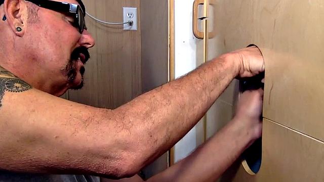 Gloryhole DILF gives closeup blowjob and takes cum in mouth