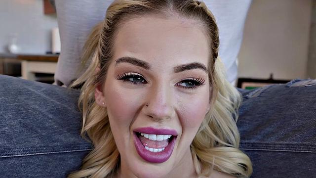 Blonde with puffy nipples gets fucked hard on the sofa in reverse cowgirl, then gets trimmed and licked