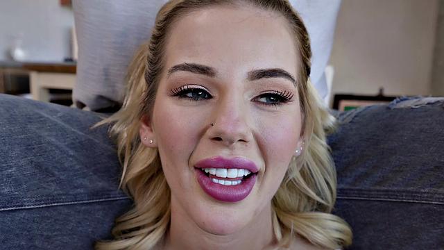 Blonde with puffy nipples gets fucked hard on the sofa in reverse cowgirl, then gets trimmed and licked