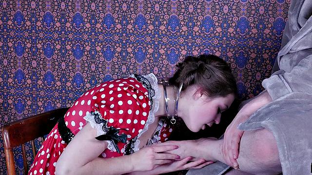 Submissive teen throating cock