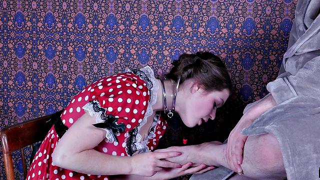 Submissive teen throating cock