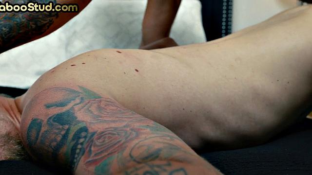 Tattooed stepbrother fucks weird stud in the asshole until cum