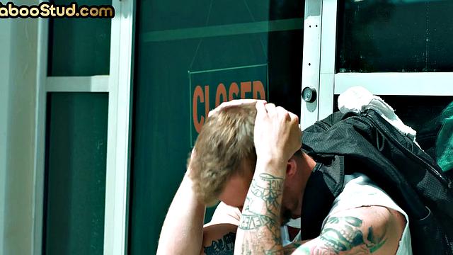 Tattooed stepbrother fucks weird stud in the asshole until cum