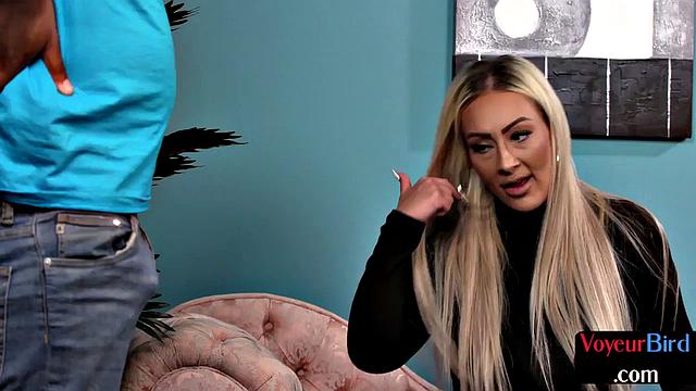 Watch this tattooed MILF get her twat rubbed while her BF jerks off to her skirt