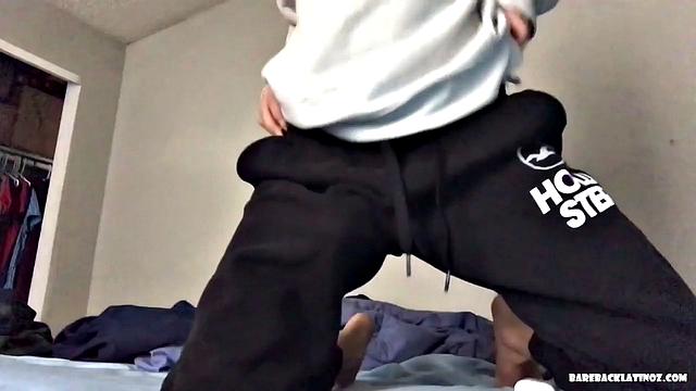 Latin twink Alex is perched on his bed, quickly strips off his pants and underwear, and begins working up a stiff one. Once he's sporting a big boner, Alex gets completely naked and starts beating his meat.