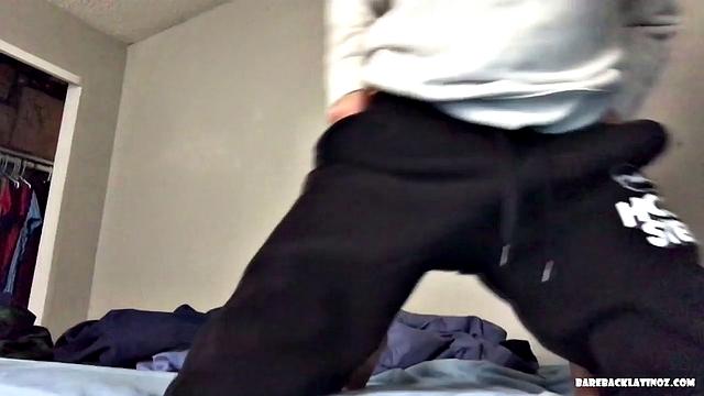 Latin twink Alex is perched on his bed, quickly strips off his pants and underwear, and begins working up a stiff one. Once he's sporting a big boner, Alex gets completely naked and starts beating his meat.