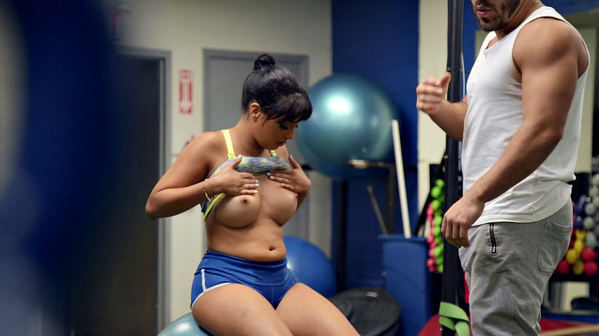 A hot chick get her big ass drilled in gym shorts while being watched by a voyeur