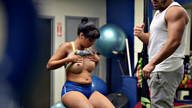 A hot chick get her big ass drilled in gym shorts while being watched by a voyeur