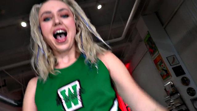 21yo cheerleader wanking and rubbing BF's oiled cock