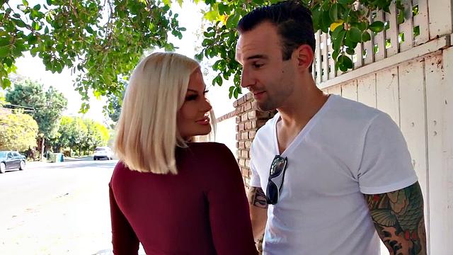 Curvy blonde babe with a tattoo takes it hard from behind before riding like a pro